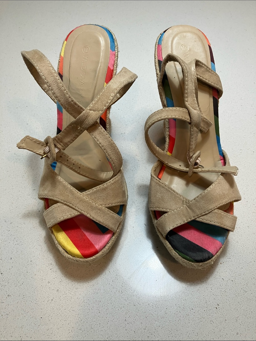 Wild Diva Beige Suede Strappy Sandals with Multicolor Stripe Insole